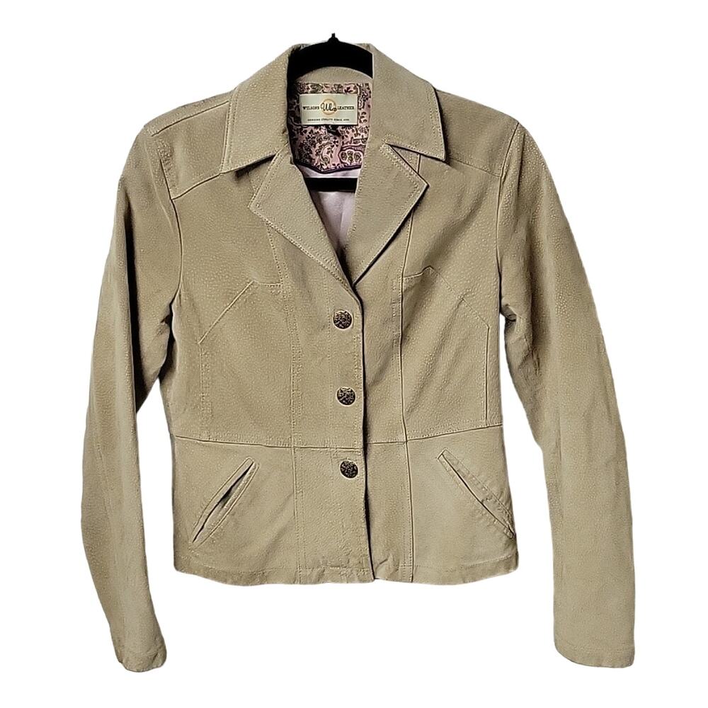 Wilsons Vintage Leather Blazer Button Up Lined Jacket Khaki Tan Womens Small